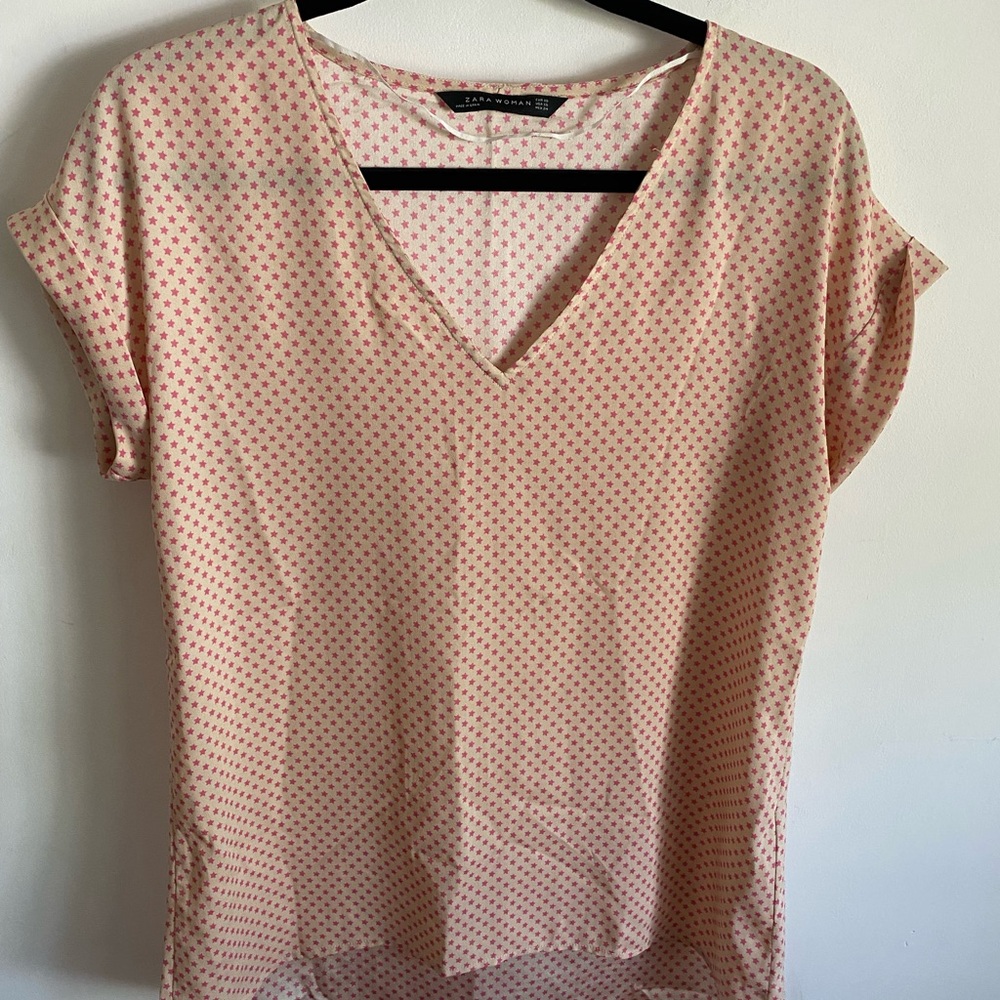 Zara Cream V-Neck Blouse with‎ Pink Stars